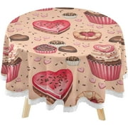 SKYSONIC Valentines Day Cookies Cakes Round Tablecloth 60inch with Lace Indoor Wrinkle Free, Chocolate Sweets Circular Table Cover Washable Farmhouse Tabletop for Kitchen Dining Decor