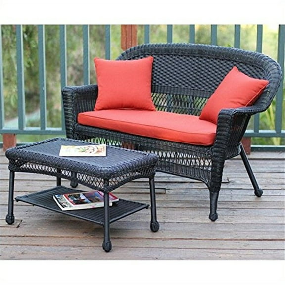 Jeco Wicker Patio Love Seat with Cushion and Pillows-Finish:Black,Inclusion:Coffee Table Set