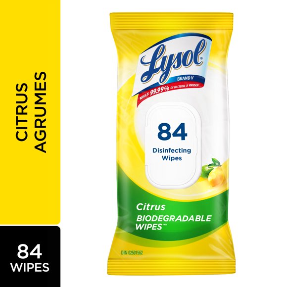 Lysol® Lingettes Désinfectantes Pack Plat, Agrumes, Lingettes Biodégradables, Élimine 99,9% des Virus et des Bactéries, 84 Lingettes