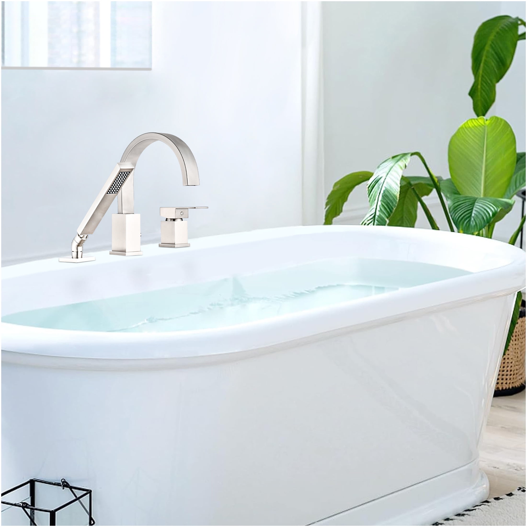 JERFIT 3-Hole Roman Tub Faucet with Hand Shower, Brushed Nickel Waterfall Bathtub Filler, Deck Mount Stainless Steel Spout Set