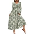 thumbnail image 3 of Robe Maxi à Imprimé Floral pour Femmes, Col en V, Manches Longues, Enveloppante, Décontractée, Automne, Plage, Verte, P, 3 of 9