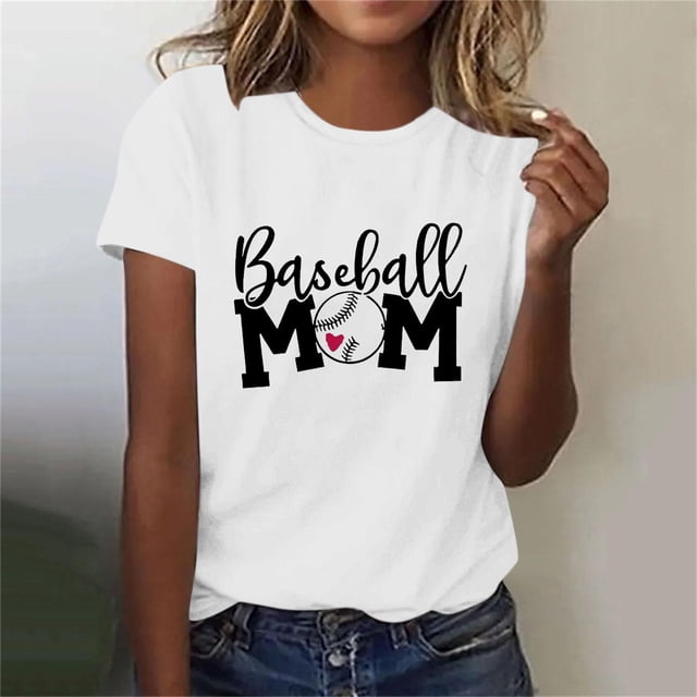 Meichang T-Shirts de Baseball pour Maman T-Shirts pour Femmes Drôles Graphiques de Baseball Manches Courtes Hauts Col Rond Blouses Décontractées Fête des Mères Jour de Match Hauts Blanc TTG