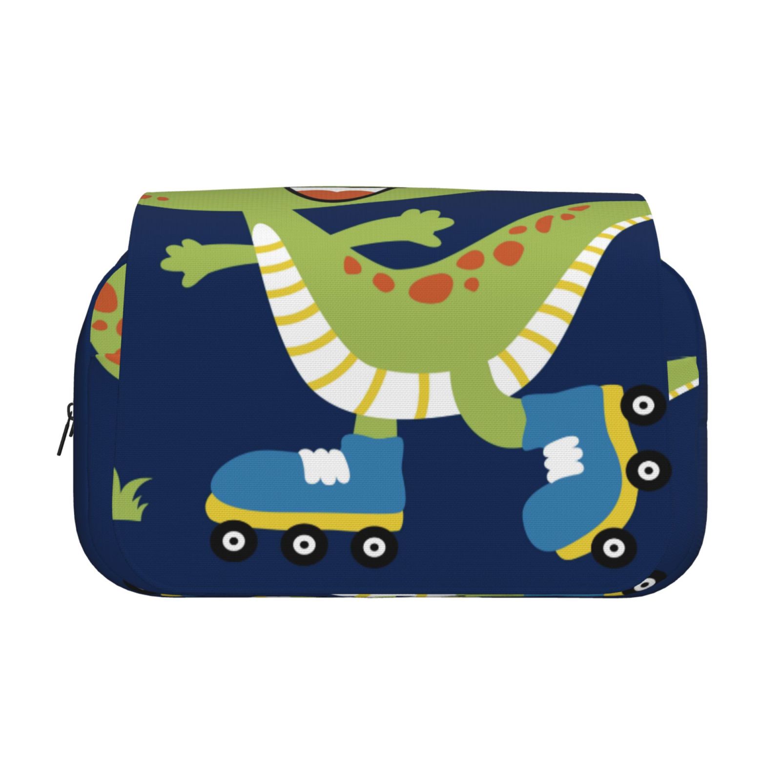 Rateoe Dino Playing Roller Skate Pattern Double Clamshell Pen Case, Storage Organizer with Two Zipper Compartments– Holds Up to 50 Pencils & Pens