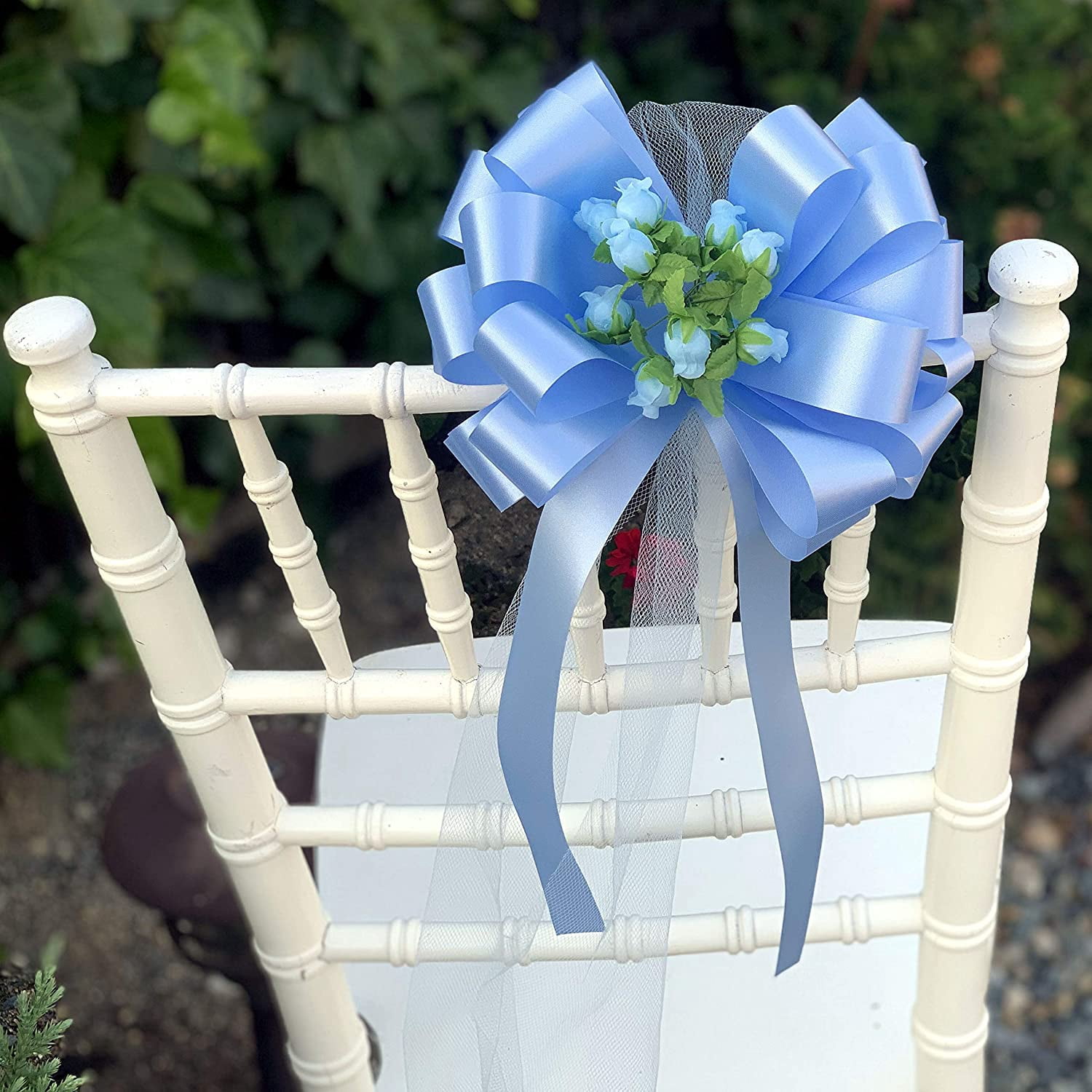 Light Blue Pull Bows with Tulle Tails and Rosebuds - 8" Wide, Set of 6, Easter, Wedding Pew Bows, Aisle Decoration, Reception