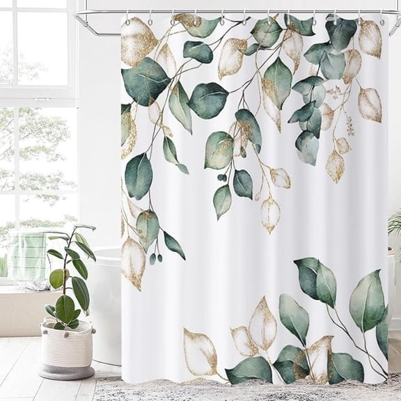 Sage Green Leaf Shower Curtain, Green And Gold Eucalyptus Leaf Botanical Watercolor Plants Spring Bathroom Curtain Waterproof Fabric Machine Washable With Hooks 65"W x 72"L