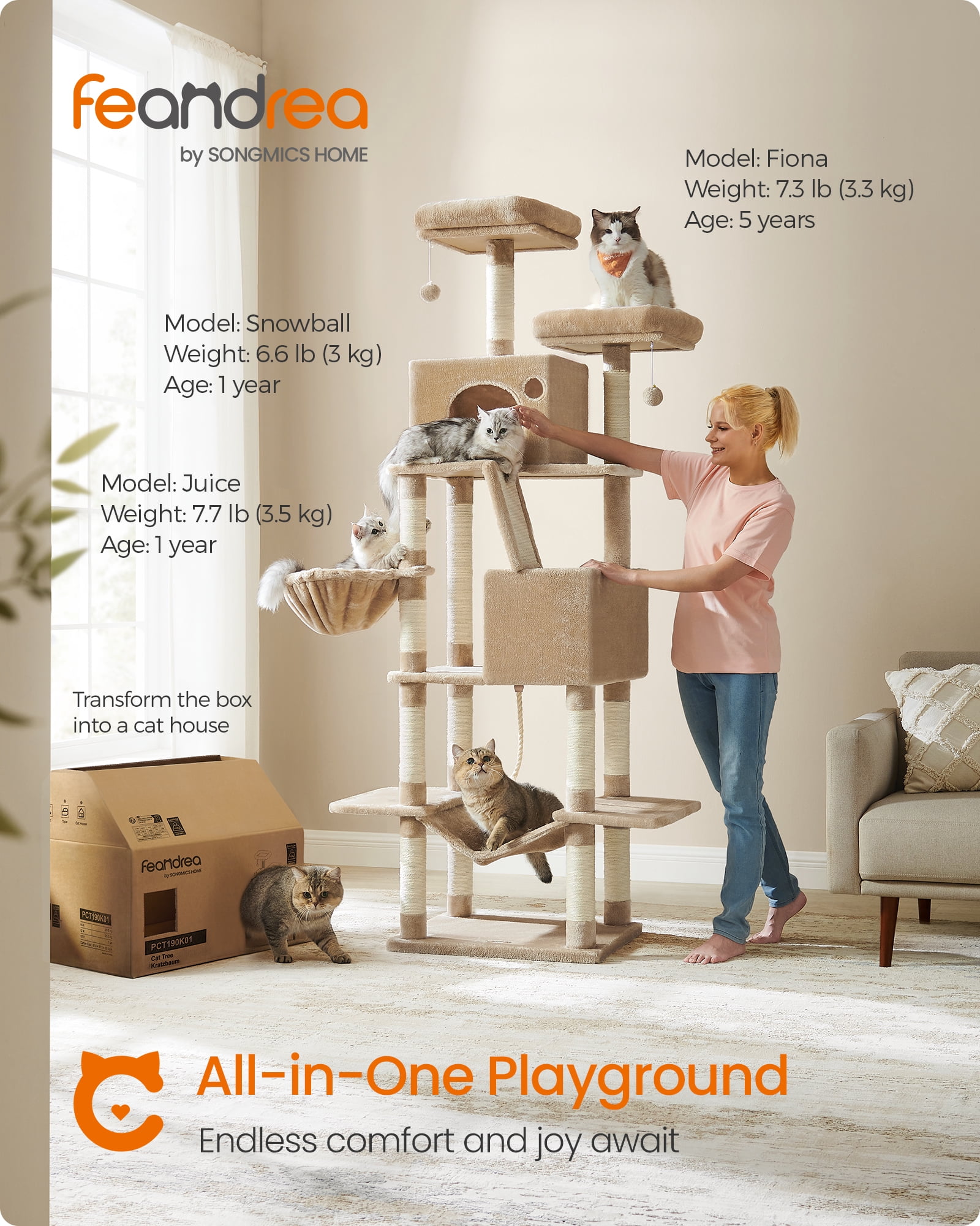 81.1"H Cat Tree Cat Tower for Indoor Cats, Plush Multi-Level Cat Condo with Scratching Posts, Perches, Caves, Hammock, Camel Brown