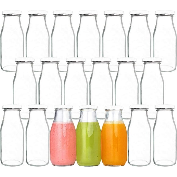 QAPPDA Bouteilles en Verre 12 oz, Bouteilles de Lait en Verre avec Couvercles, Récipient Vintage pour Petit-Déjeuner, Bouteilles Vintage avec Étiquettes Tableau Noir et Stylo pour Fête, Enfants, Ensemble de 20