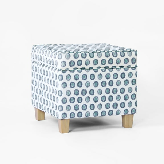 Benjara Pyp Square Storage Ottoman, 18 Inch Blue Green Pattern Print, Brown