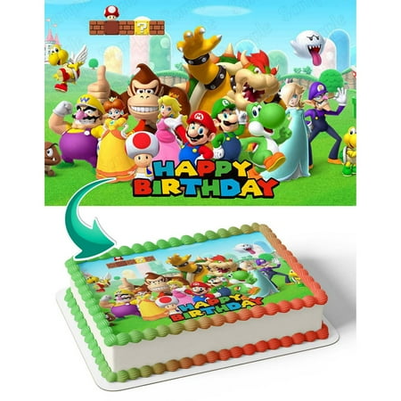 TNCT Mario Bros Luigi, Bowser, Donkey Kong, Peach, and Yoshi Edible Cake Image Topper, Personalized 1/4 Sheet Birthday Cake Decoration, High-Quality Edible Cake Banner for Parties