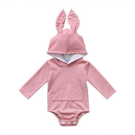 Easter Onesie - Baby Boys Girls Easter Bunny Long Sleeve Bodysuit Cartoon Animal Rabbit Hooded Romper with Fur Ball