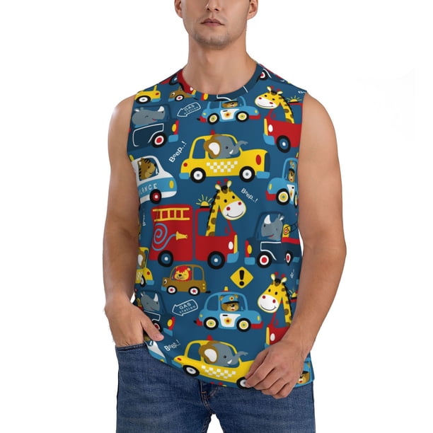 Balery Vehicles Cartoon with Funny Drivers Camisetas sin mangas para hombre, absorbe la humedad y protege contra el mal olor.-Medium