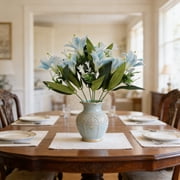 Blue Artificial Lilies Bouquet 15.7 Faux Silk Flowers with Green Leaves & White Accents - Lifelike Fake Floral Arrangement for Home Decor Table Centerpieces