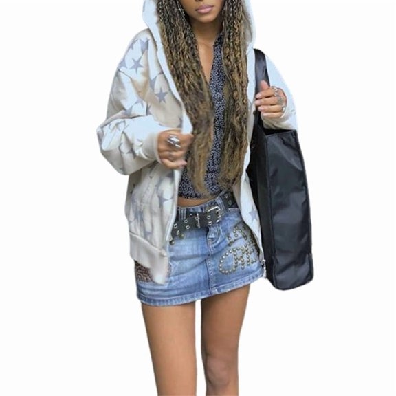 Zip Up Star Print Hoodies for Women Cropped Sweatshirts Fall Fashion Outfits Y2k Fleece Couples Clothes White M