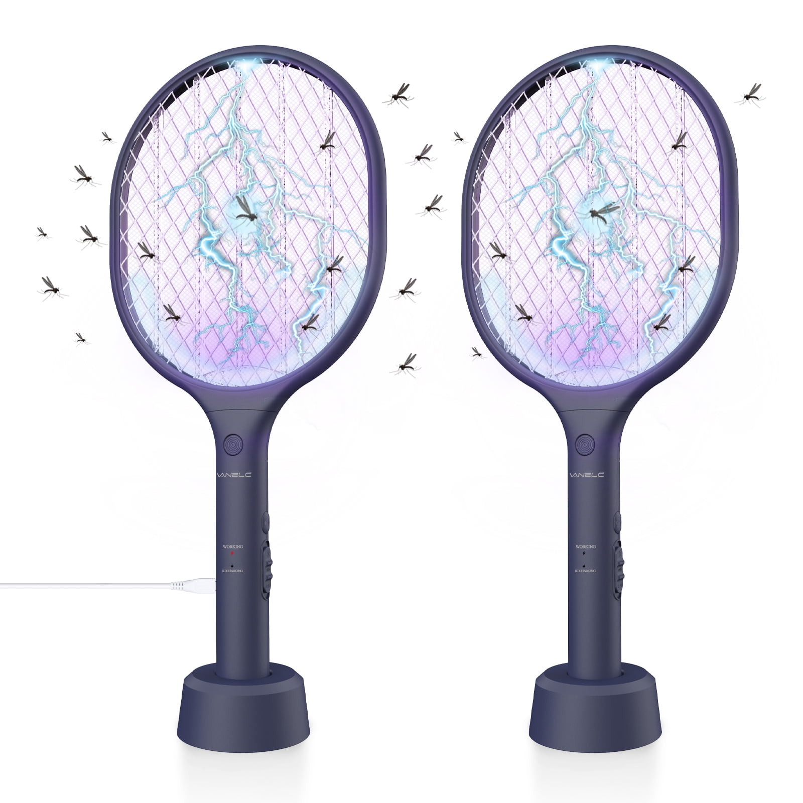 Electric Fly Swatter 2 Pack - Fly Zapper - Tennis Bug Zapper Racket- Rechargeable Mosquito Swatter- Handheld Indoor & Outdoor- Non Toxic, Safe for Humans & Pets