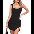 thumbnail image 3 of Vestido Mini de Verano para Mujer, Sin Mangas, con Lazo en la Cintura, Escote Cuadrado, Espalda Descubierta, Abertura en el Dobladillo, Fruncido y Ajustado. Negro L, 3 of 10