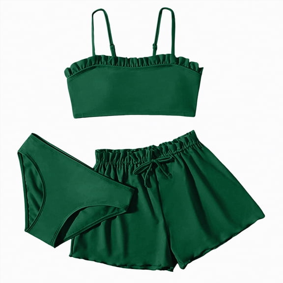 NIEWTR Girls Cute Print 3-Piece Swimsuit Set Triangle Tankini Top Sun Protection Cover-Up Skirt Kids Beach Outfit(Green,12-14 Years)