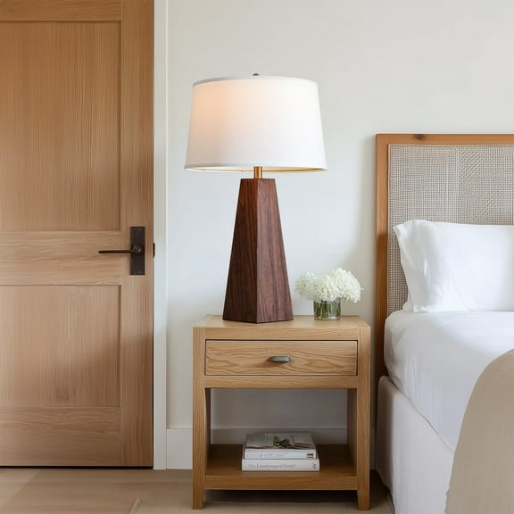 29" Modern Wood Table Lamp With White Linen Shade, Brown Wood Base, E26 Socket, ON/OFF Switch, Aesthetic, Minimalist Bedside Accent Lamp(Bulbs Not Included)