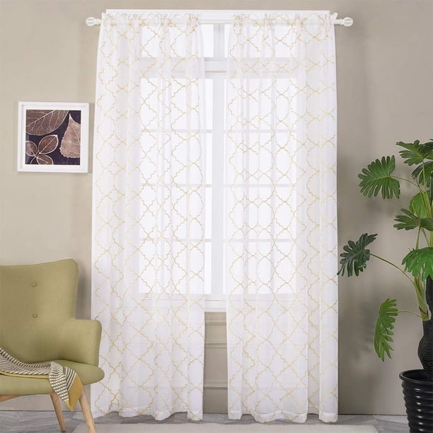 Cortinas transparentes bordadas con diseño de celosía de azulejos marroquíes, cortinas transparentes doradas de 84 pulgadas de largo con bolsillo para barra para sala de estar, dormitorio, 2 paneles d