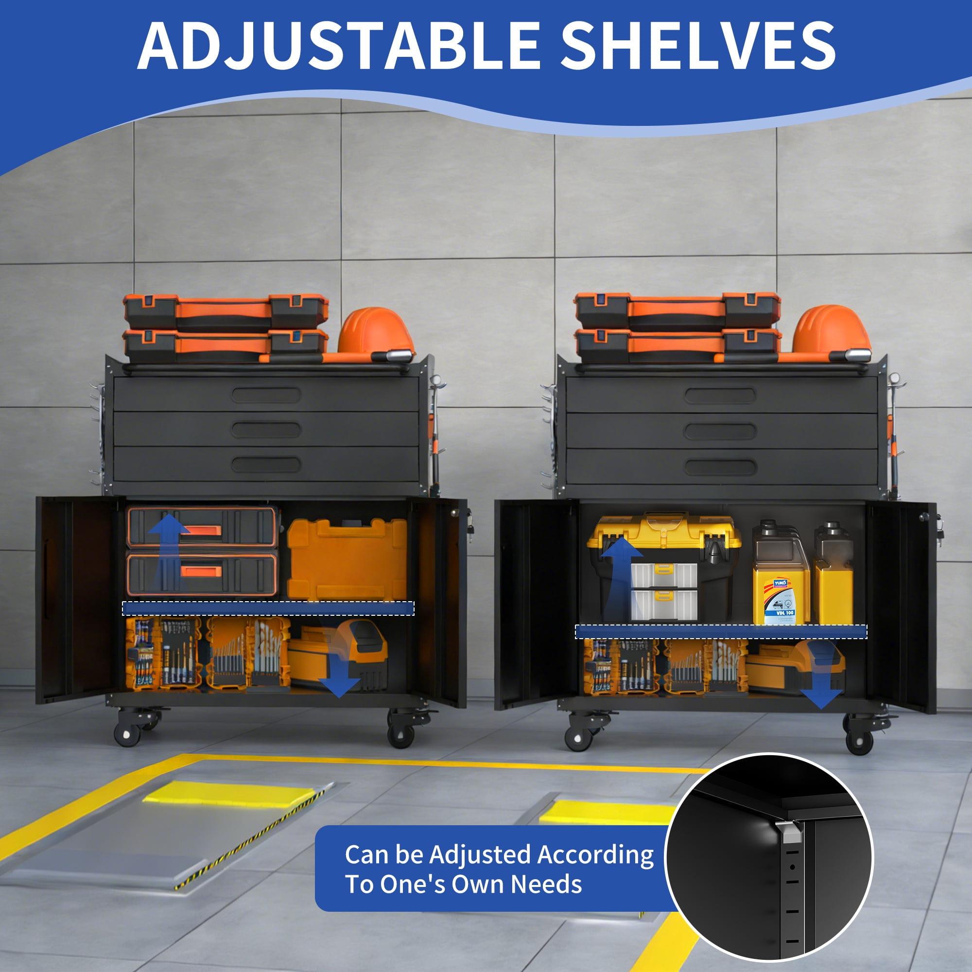 Rolling Metal Tool Cabinet – Heavy Duty Garage Storage with Lockable Doors & 3 Drawers, Mobile Workbench