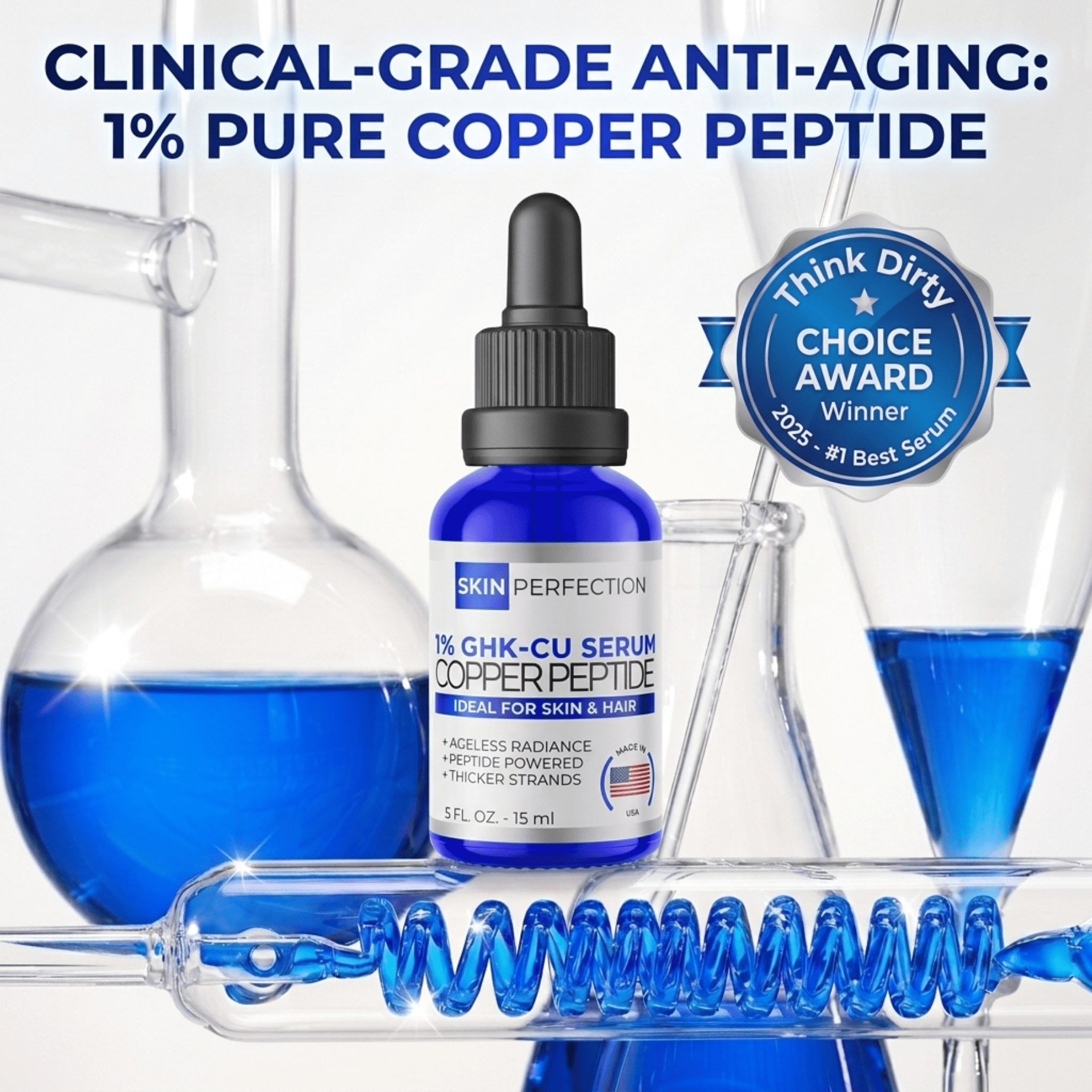 Skin Perfection GHK-Cu Copper Peptide Serum Booster, 1 Percent Blue Liquid  For Face, Neck, Body, Hair, And Scalp, 0.5 oz