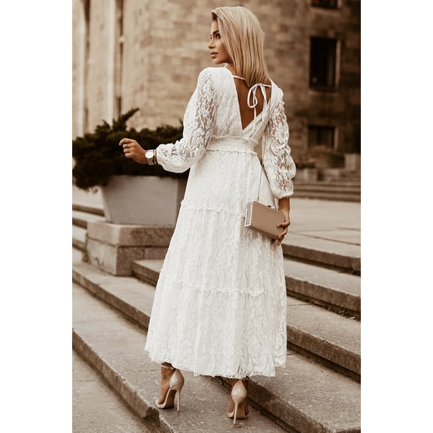 ABPHQTO Vestido de fiesta de boda de encaje escalonado con manga de burbuja blanca para mujer