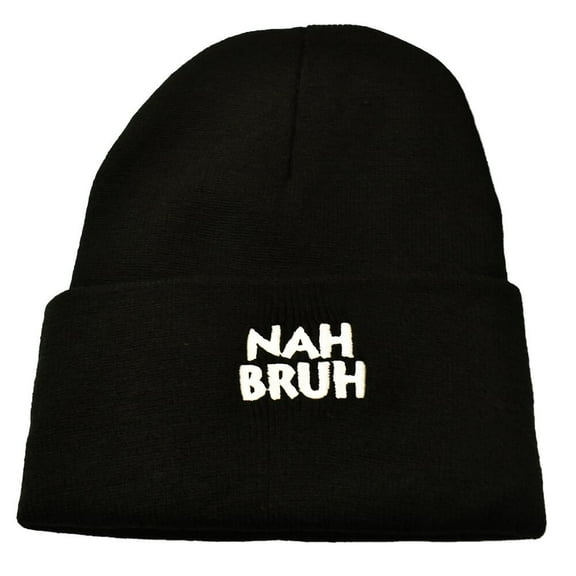 NAH BRUH Embroidered Beanie, Black, One Size