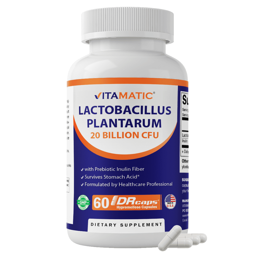 Vitamatic Lactobacillus Plantarum - 20 Billion per DR Capsule - 60 Count - Digestive Support - Made with Prebiotic Inulin Fiber