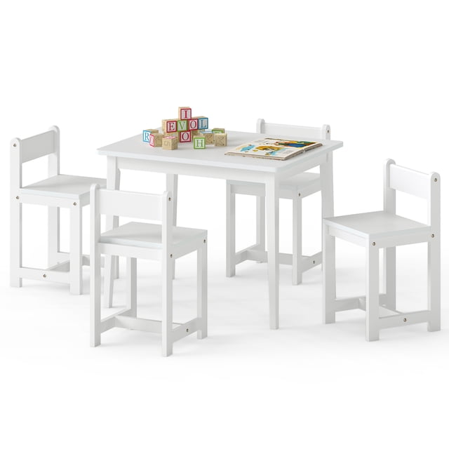 Gymax 5-Piece Kids Table and Chairs Set Solid Rubber Wood Toddler Activity Table White