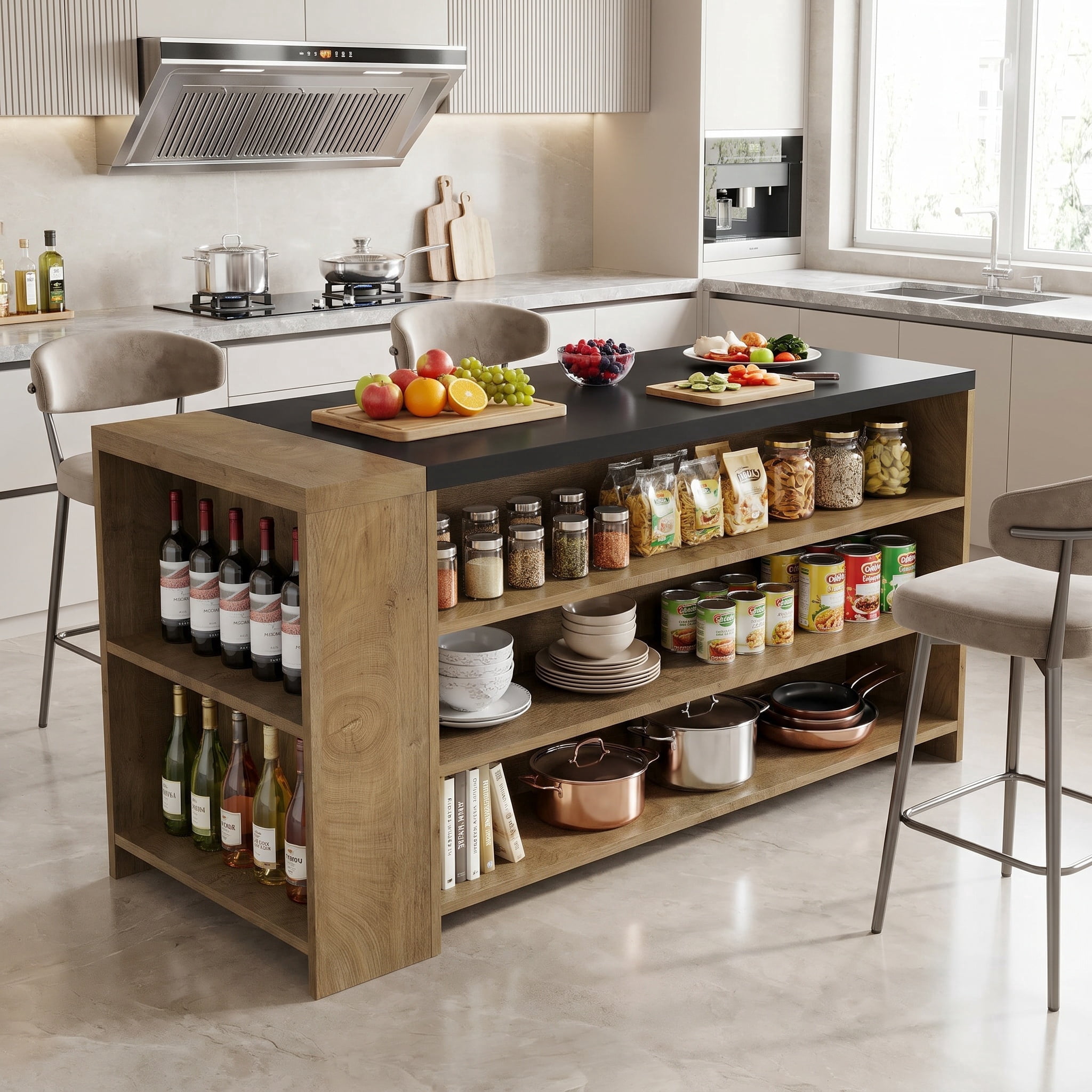 Fnova 55" Kitchen Island with 5 Shelves, Farmhouse Stationary Island Table, Large Stationary Storage Cabinet for Kitchen Dining Room, Vintage Brown