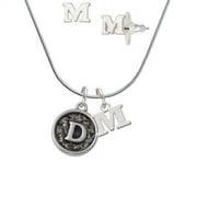 Antiqued Round Seal - Initial - D - - M Initial Charm Necklace and Stud Earrings Jewelry Set