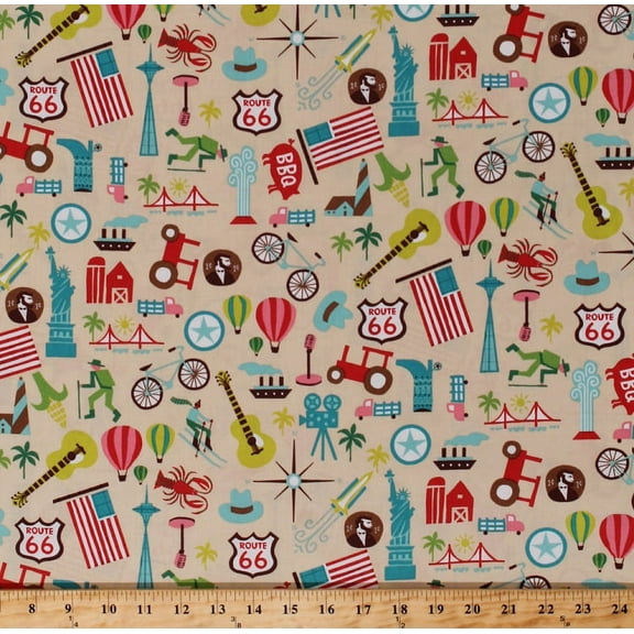 Cotton United States Landmarks Route 66 Signs Flags America USA Coast to Coast Tan Cotton Fabric Print by the Yard (43007-8)
