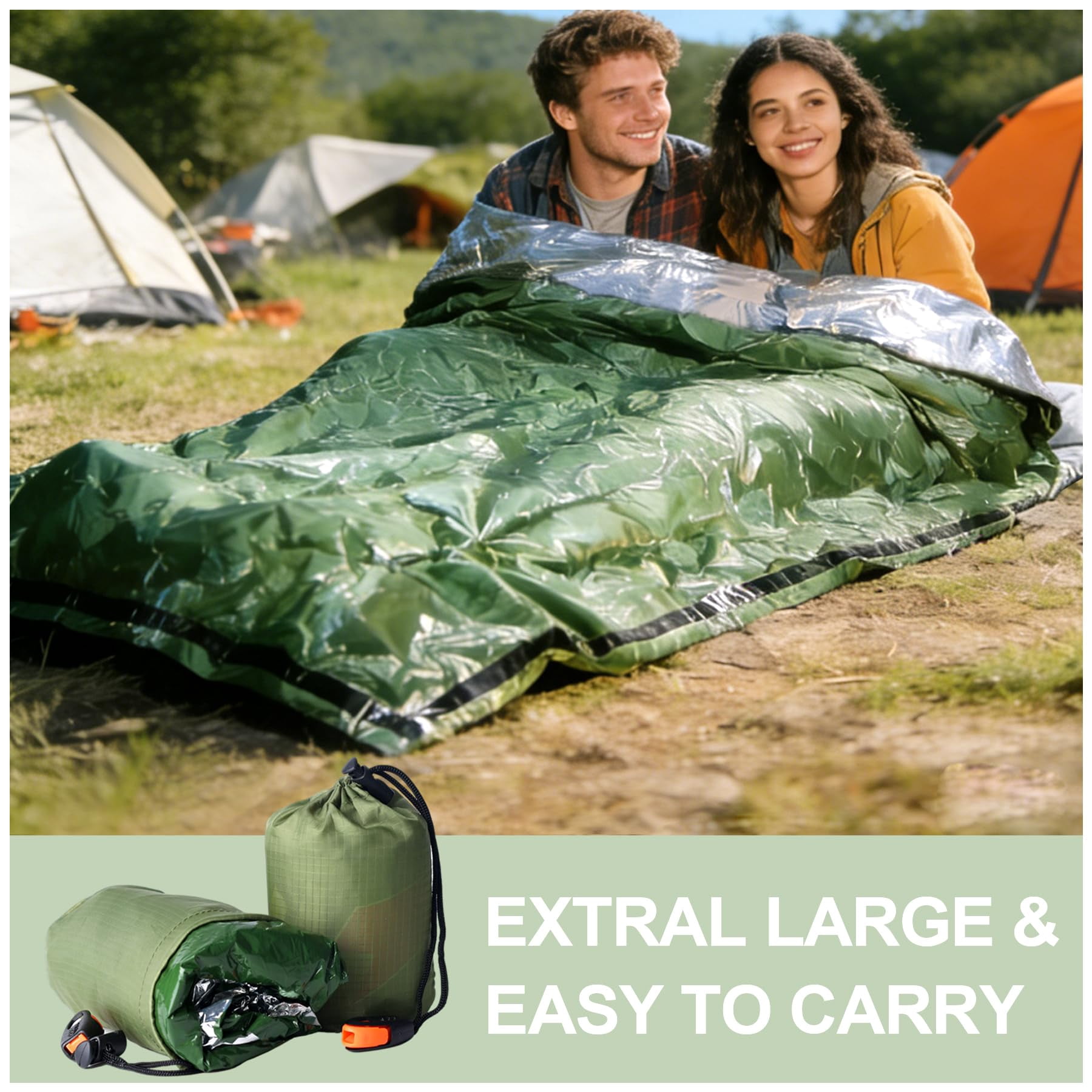 Bivy Sack Survival Sleeping Bag, Waterproof Survival Sleeping Bag with Emergency Whistle, Portable Thermal Emergency Bivy Bags for Camping Hiking Outdoor Survival （Green, 2PC)