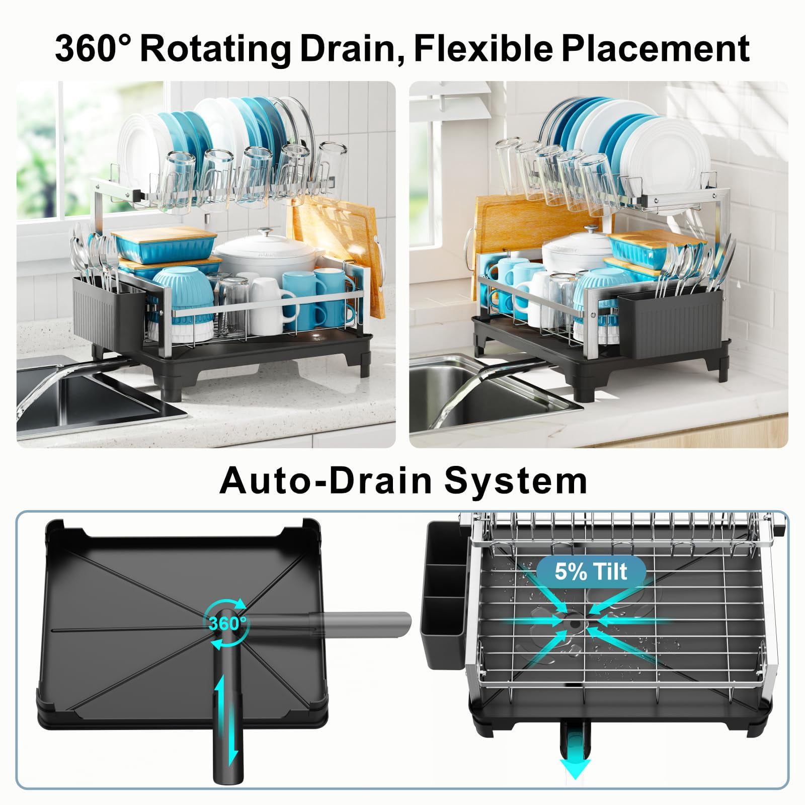 Stainless Steel Dish Drying Rack 2 Tier  Compact Racks For Kitchen Counter With Board Holder Auto-drain Spout Rust Proof Drainer Apartment 21" L X 12.6" W