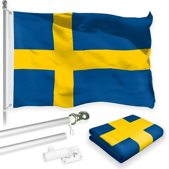 G128 Combo Pack: 6 Feet Tangle Free Spinning Flagpole (Silver) Sweden Swedish Flag 3x5 ft Printed 150D Brass Grommets (Flag Included) Aluminum Flag Pole