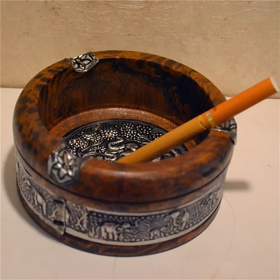 ACDANC Vintage Wooden Emboss Ashtray Home Office Cigar Tobacco Ash Tray Case Pink Wood, Tin