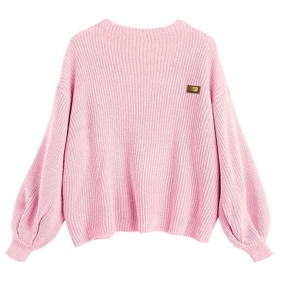 ZAFUL Women Casual Loose Badge Patched Oversized Pullover Sweater Pink One Size