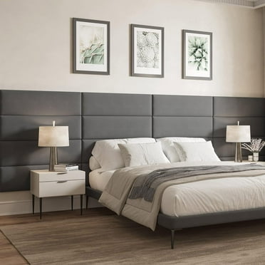 LJUP Upholstered Wall Panels, Twin, Single, or Queen Size Wall Mounted Headboards - Pack of 4 Panels, Grey (Each Individual Panel 38" x 11.5")