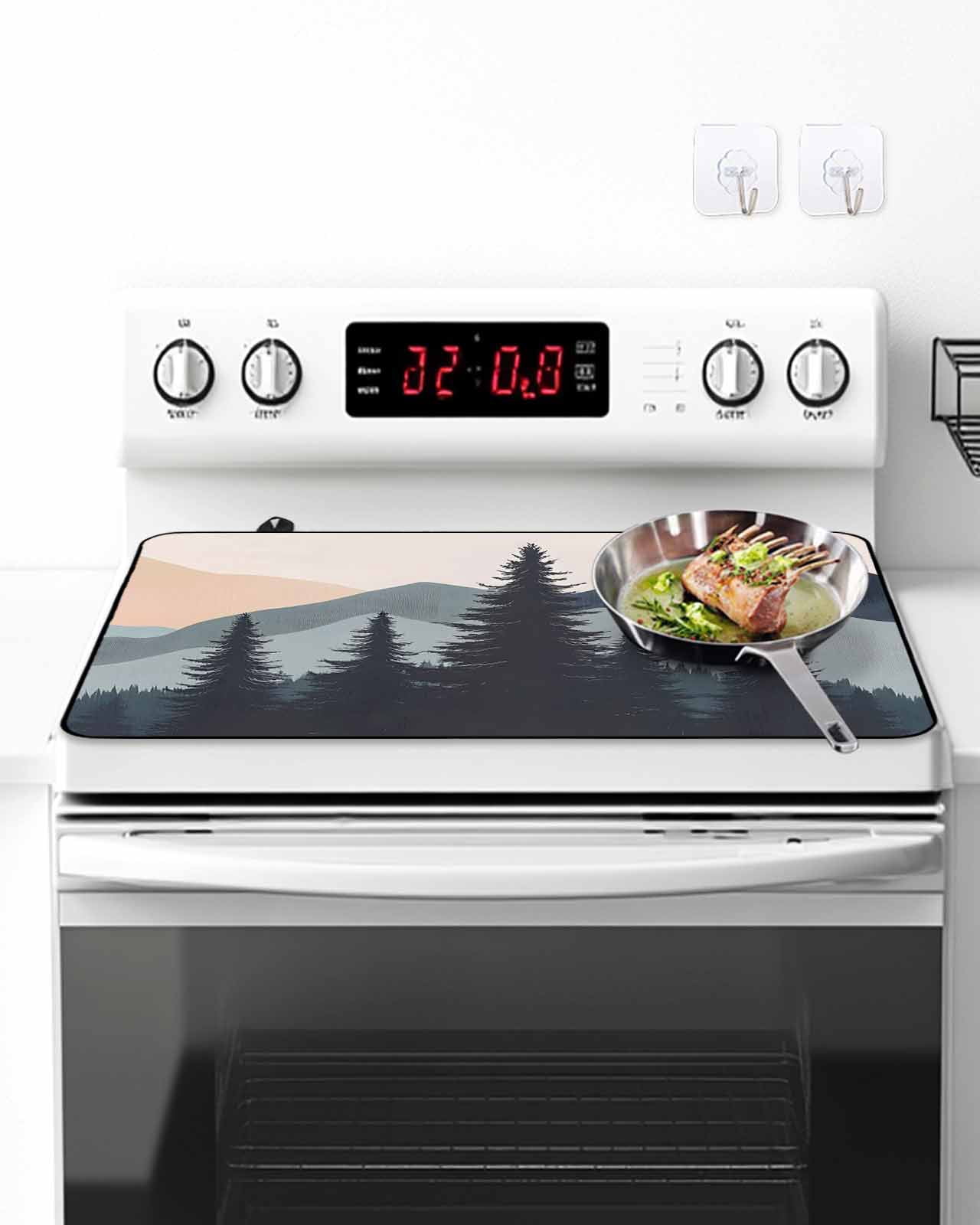 Stove Top Covers for Electric Stove 31x24 Inches, Mountain Forest Heat Insulation Fireproof Glass Cooktop Protector, Nature Tree Scenery Watercolor Pink Blue Countertop Stovetop Cover for Kitchen