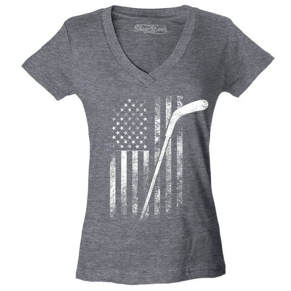 Shop4Ever Women's Distressed Hockey American Flag Patriotic Sports Slim Fit V-Neck T-Shirt X-Large Heather Charcoal