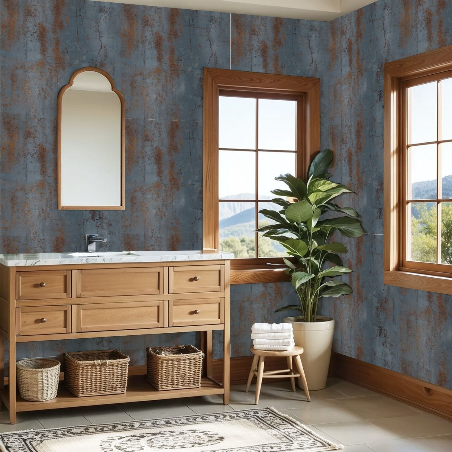 Peel and Stick Wallpaper Rustic Blue Orange Cracked Metal Texture Industrial Wall Mural 23.6in x 9.8ft Self Adhesive Removable Wall Paper Renter Friendly Wallpaper for Nursery Bedroom Cabinets