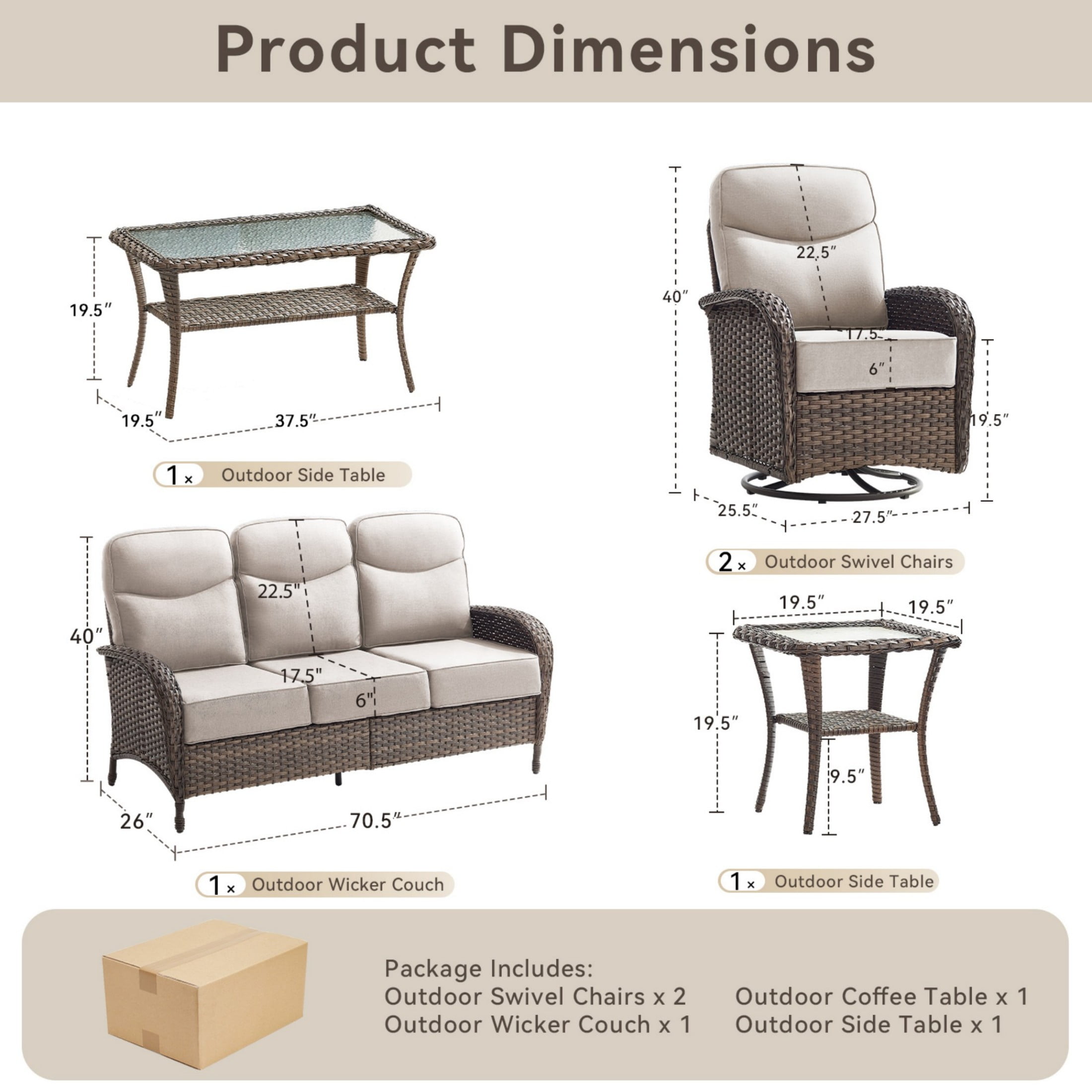Unnifurnzi 5 Pieces Patio Furniture Set-6'' Thick Cushions Outdoor Furniture with Swivel Rocker Chairs Outdoor Couch and Ottomans Wicker Patio Furniture for Deck Porch Garden Poolside-Brown/Beige
