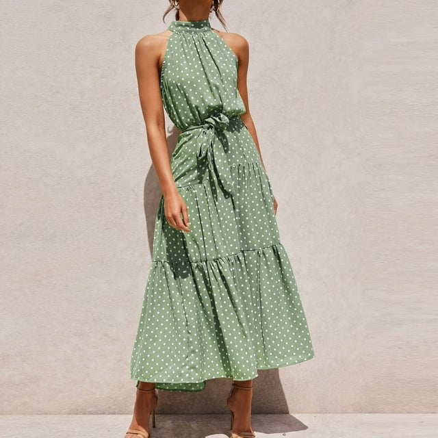 SMihono Robe Maxi Bohème d'Été pour Femmes Grande Taille Mode Été à Pois Sans Manches Imprimé Sexy Soirée Longue Robe de Plage