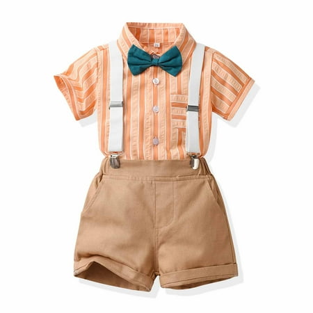 IFNWSV Boys Summer Outfits Kids Gentlmen Bow Stripe Short Sleeve Shirt Strap Pants Set Orange 18 Months
