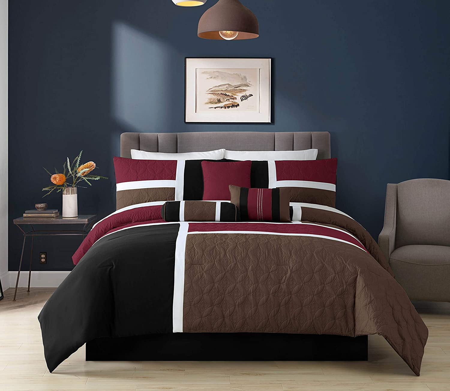 Chezmoi Collection 7-Piece Medallion Patchwork Comforter Set, King, Burgundy/Brown/Black