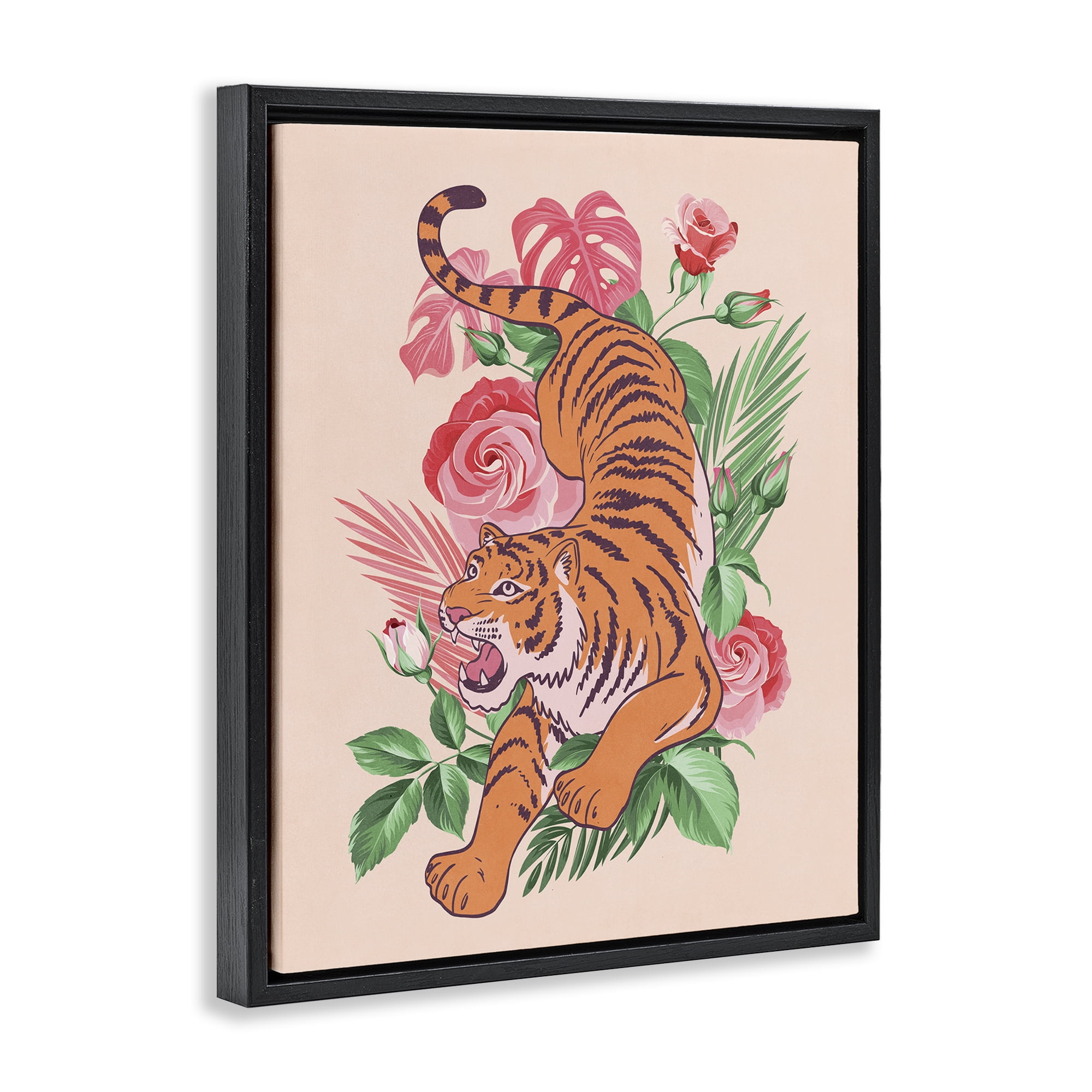 Stupell Industries Tiger & Tropical Roses Animals Painting Black Floater Framed Canvas Art Print Wall Art, 17 x 21