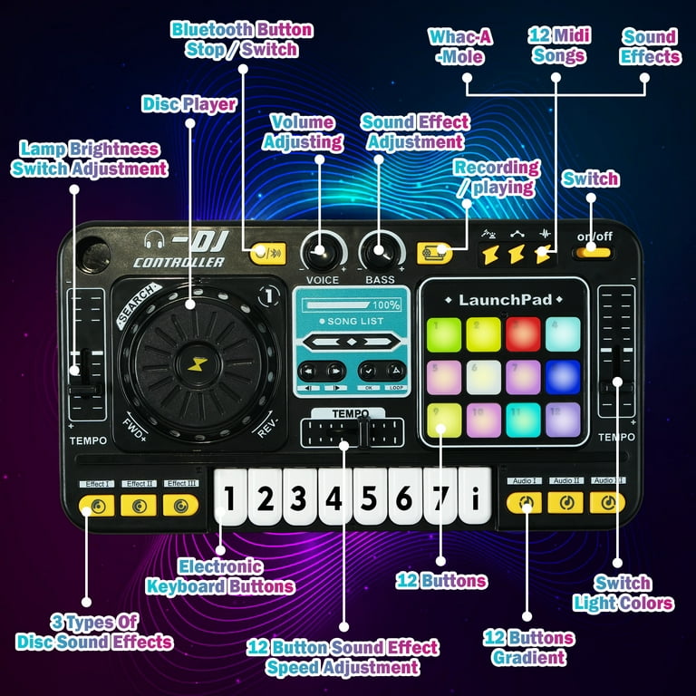 JBeeCtrl DJ Mixer for Kids with Microphone, Piano&BT Light