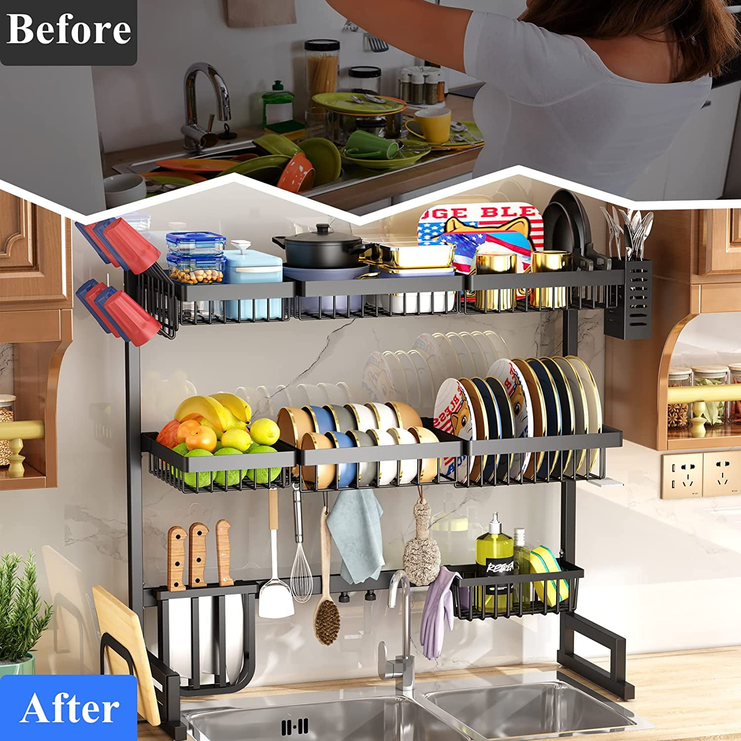 Over Sink Dish Drying Metal Rack with Kitchenware 3D Model $79