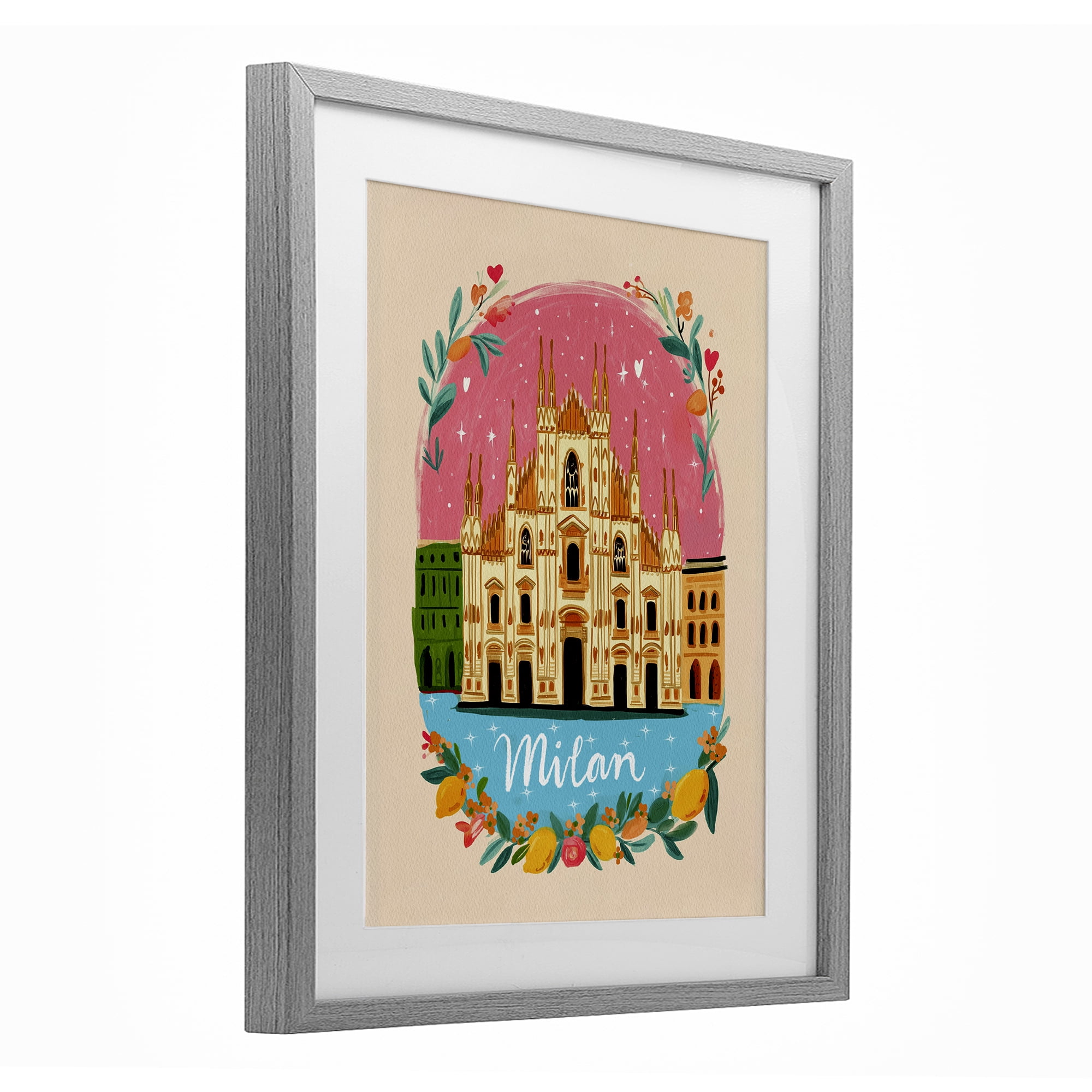 Floral Bordered Milan Gray Framed Print Under Glass, design by Yen