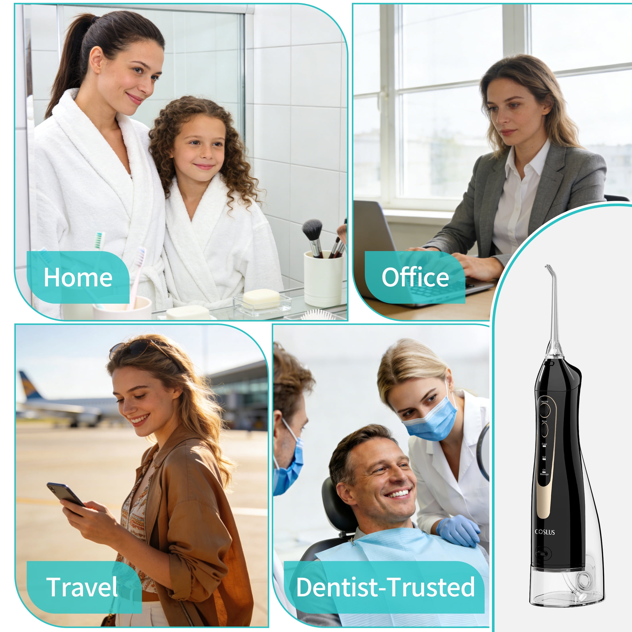 COSLUS  CX20 Water Dental Flosser Teeth Pick,300ML Tank IPX7 Waterproof Portable Rechargeable Water Flosser Dental Oral Irrigator for Home and Travel Black