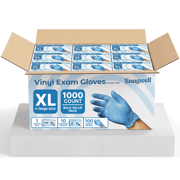 Snugwell Vinyl Gloves Latex-Free & Powder-Free Disposable Gloves (X-Large) 1000 Count